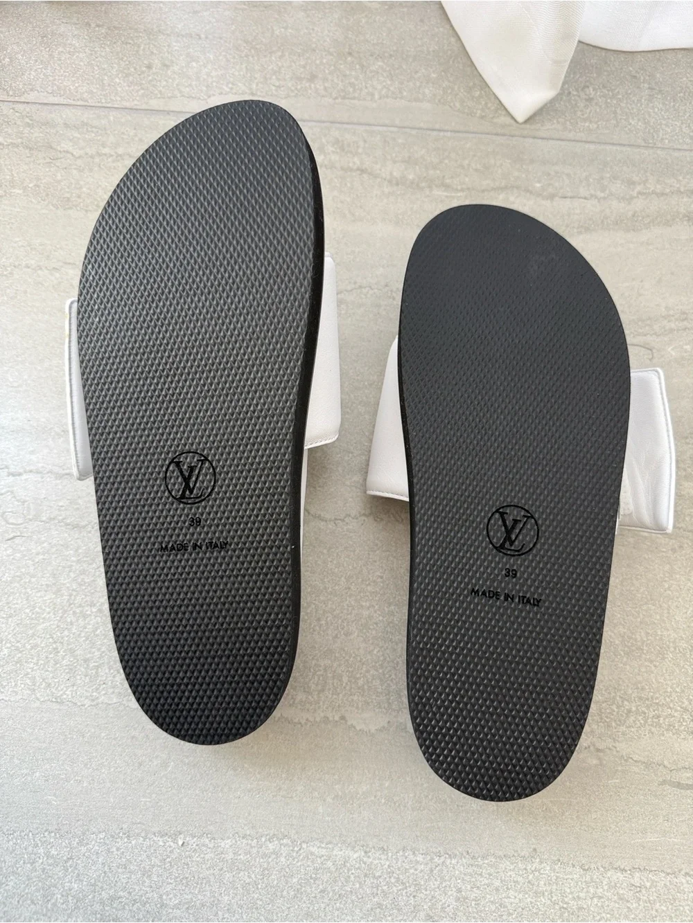 Louis Vuitton White and Black Logo Slide Sandals